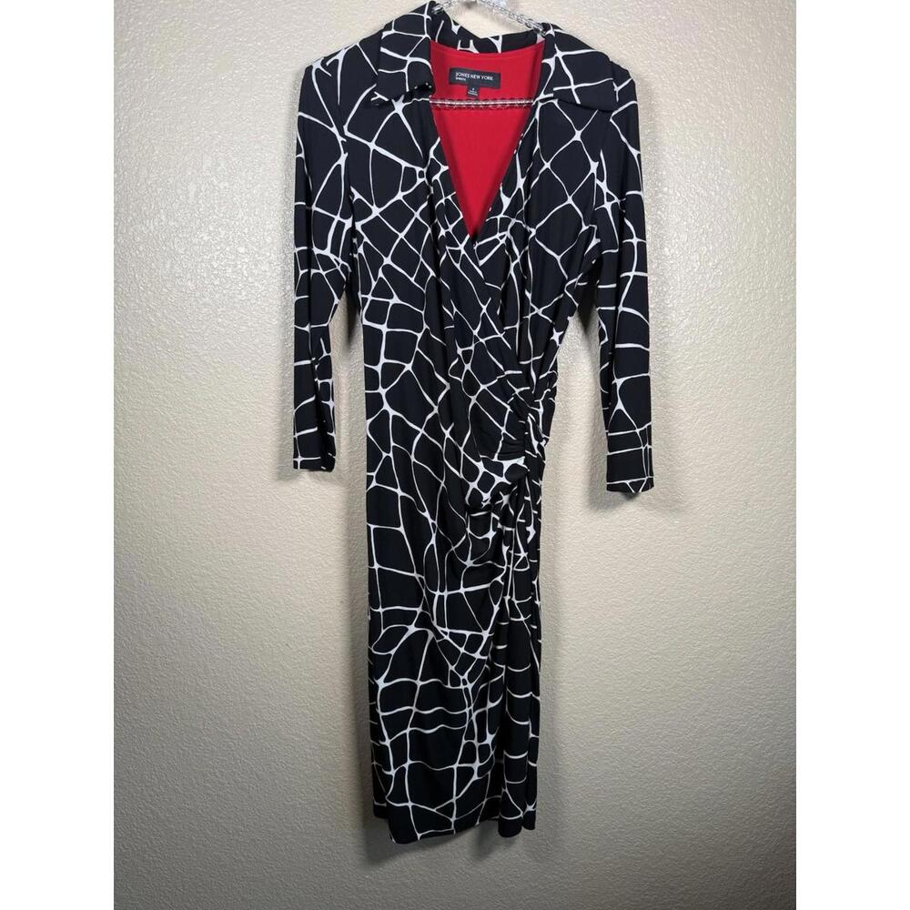 Jones New York Faux Wrap Dress Size 8 Navy Knee Length Slinky Knit 3/4 Sleeves